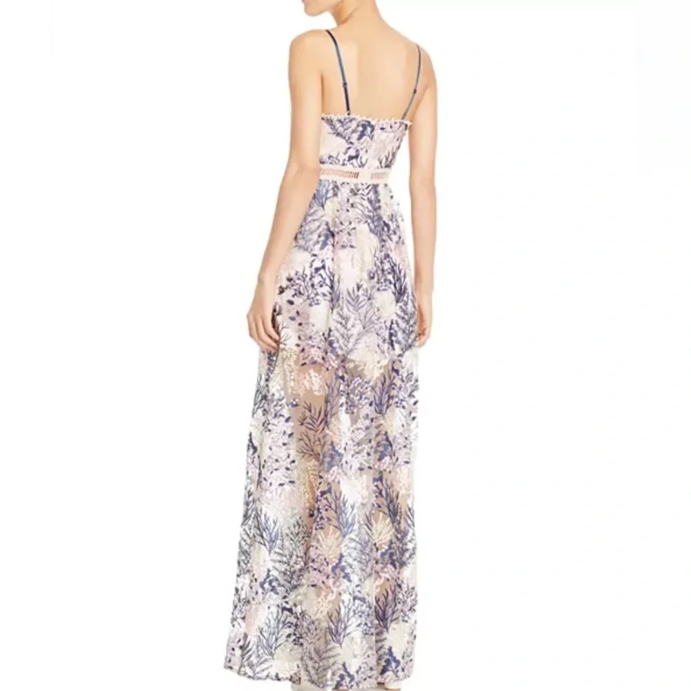 AQUA Embroidered Mesh Maxi Dress Blush Multi XS | Floral Lace Overlay Gown - Picture 3 of 12
